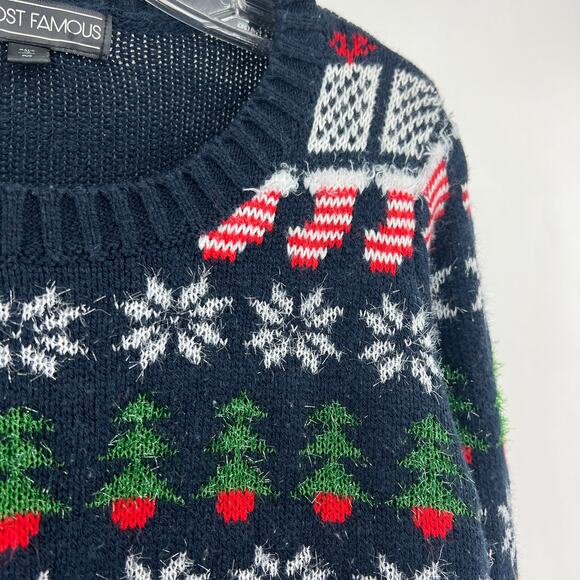 Almost Famous MEDIUM Navy Blue Ugly Christmas Tree Tinsel Knit Sweater - Picture 4 of 8